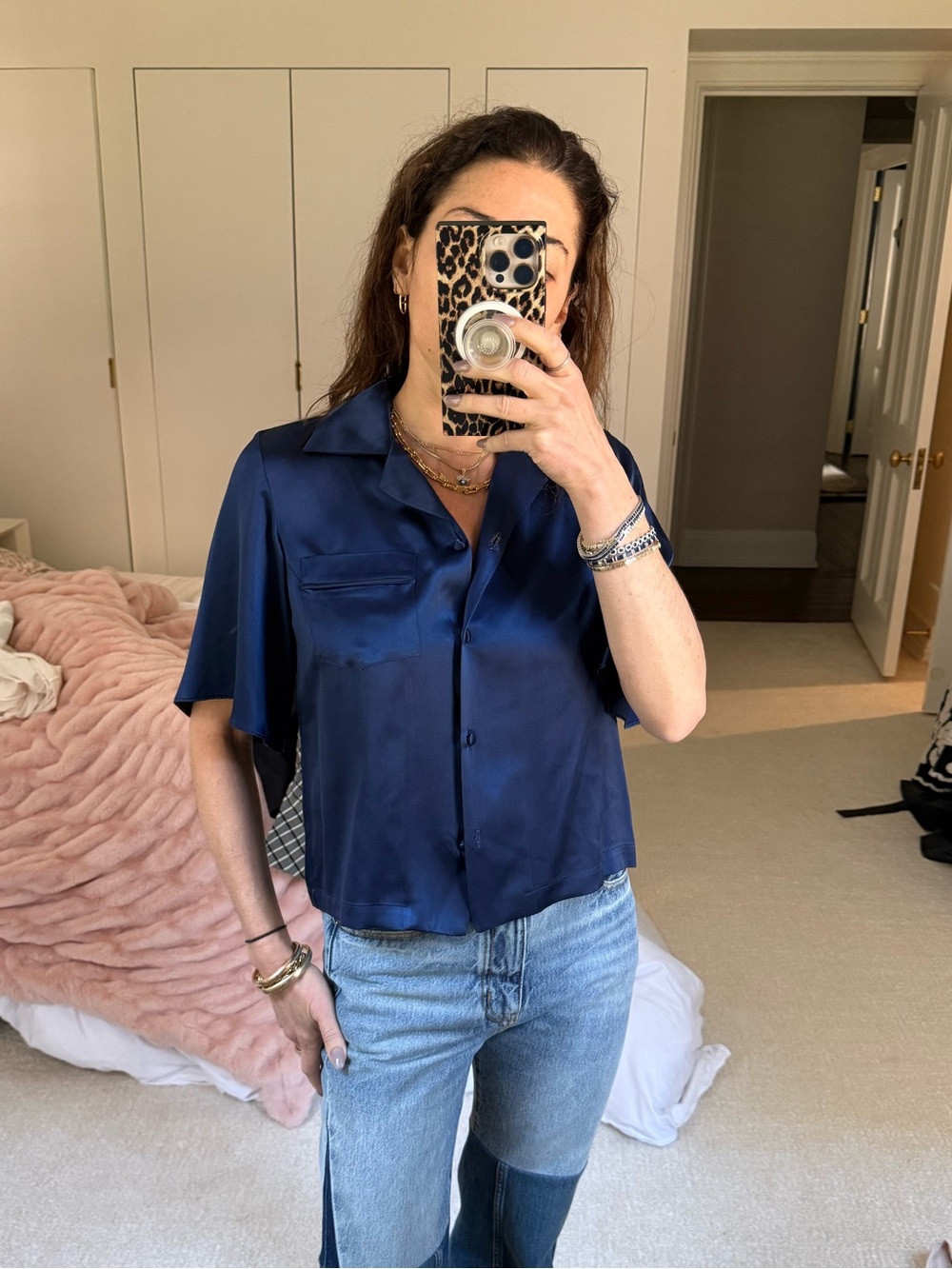Jasmine Chong Navy Silk Short Sleeve Button-Up Top